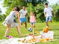 Positive parents with two kids playing soccer together on green field on summer day Royalty Free Stock Photo