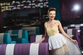 positive pin up waitress in yellow Royalty Free Stock Photo
