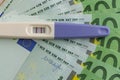 A positive pregnancy test on the euro banknotes background