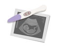 Positive pregnancy test and fetal ultrasound scan, concept of pregnancy and preparation for childbirth, planning and in Royalty Free Stock Photo