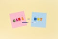 A positive pregnancy test strip, a pink and blue piece of paper with the words `boy` and `girl`on it Royalty Free Stock Photo