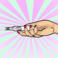 A positive pregnancy test in a womans hand. Show, hold, give, give. Raster of pop art. Comic style