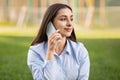 Positive pretty millennial european woman enjoy work conversation