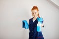 Housewife with red-haired ponytail holds dusting cloth and wiper. Royalty Free Stock Photo