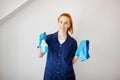 Housewife with red-haired ponytail holds dusting cloth and wiper. Royalty Free Stock Photo