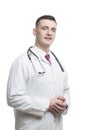 Positive Professional Confident Male GP Doctor Posing in Doctor\'s Smock And Endoscope And Hands