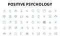 Positive psychology linear icons set. Gratitude, Resilience, Optimism, Empathy, Mindfulness, Serenity, Joy vector