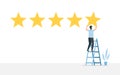 Positive review evaluation. Man stands on ladder and gives five star