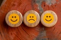 Positive reviews Wooden buttons display smiley faces for customer feedback concept