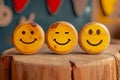 Positive reviews Wooden buttons display smiley faces for customer feedback concept