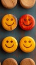 Positive reviews Wooden buttons display smiley faces for customer feedback concept