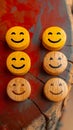 Positive reviews Wooden buttons display smiley faces for customer feedback concept