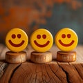 Positive reviews Wooden buttons display smiley faces for customer feedback concept