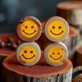 Positive reviews Wooden buttons display smiley faces for customer feedback concept