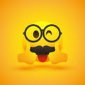 Positive, Satisfied, Happy Winking Nerd Male Emoji with Rounded Glasses, Mustache and Stuck Out Tongue Showing Double Thumbs Up