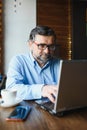 Positive senior bearded man with grey hair drinking coffee and using laptop at cafe, copy space. Stylish aged Royalty Free Stock Photo