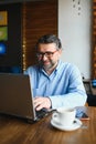 Positive senior bearded man with grey hair drinking coffee and using laptop at cafe, copy space. Stylish aged Royalty Free Stock Photo