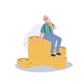 Positive Senior Lifestyle, Elderly man Gives Thumbs Up on Currency Stack. Flat vector cartoon illustration