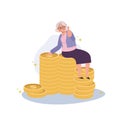 Positive Senior Lifestyle, Elderly Woman Gives Thumbs Up on Currency Stack. Flat vector cartoon illustration