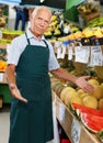 Positive senior male owner of greengrocery shop in apron offering fresh fruits and vegetables Royalty Free Stock Photo