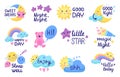 Positive sleep and morning kids lettering phrases. Isolated quotes with moon, sun and clouds. T-shirt prints templates