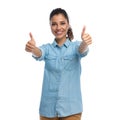 Positive smart casual woman gesturing ok with both hands, smiling Royalty Free Stock Photo