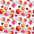 Positive summer fruits apricot, peach, cherry, watermelon . Seamless food pattern with random lines and dots - trendy