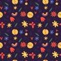 Positive symbols seamless pattern. Funny hippy stickers. Smiles and hearts. Happy emotions. Cute summer flowers and