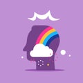 Positive thinking, cloud and rainbow in head, good attitude, optimist mindset