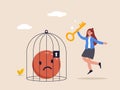 Positive thinking concept. Bad mood and negative emotions closed in cage. Woman lock negative emoji in birdcage, good