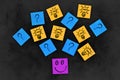 Positive thinking helps resolving questions, finding solutions and ideas. Sticky notes with drawn doodles Royalty Free Stock Photo