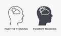 Positive Thinking, Inspiration Silhouette and Line Icon Set. Sun in Human Head Optimistic Good Emotion Pictogram