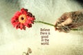 Inspirational quote- believe there is good in the world. Human and nature flower concept background.