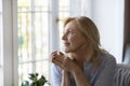 Positive thoughtful middle aged blond woman sitting on home sofa