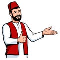 Positive Turkish man in fez welcome gesture