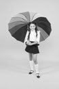 Positive vibes. Everything under control. Fancy schoolgirl. Girl with umbrella. Rainy day. Happy childhood. Rainbow