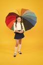 Positive vibes. Everything under control. Fancy schoolgirl. Girl with umbrella. Rainy day. Happy childhood. Rainbow