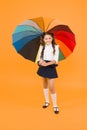 Positive vibes. Everything under control. Fancy schoolgirl. Girl with umbrella. Rainy day. Happy childhood. Rainbow