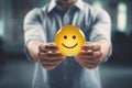 Positive Vibes: Man Holding a Yellow Smiley, Good Feedback, review