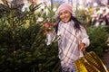 Positive woman choosing New Year& x27;s tree in christmas fair Royalty Free Stock Photo