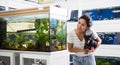 Positive woman with dog in her arms choosing aquarium fish at pet shop Royalty Free Stock Photo
