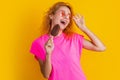 positive woman with icelolly ice cream on background. photo of woman with icelolly ice cream