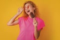 positive woman with icelolly ice cream on background. photo of woman with icelolly ice cream