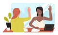 Positive work communication of employees, happy girls with hands up sitting at table