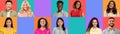 Positive young and adult different people with perfect teeth on colorful studio background, with blank space