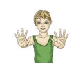 Positive young boy showing his hands. He stretched his arms