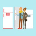 Positive young family couple choosing fridge. Appliance store colorful vector Illustration