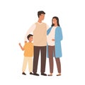 Positive young family mother, father and son vector flat illustration. Smiling pregnant woman hugging husband and little Royalty Free Stock Photo