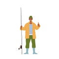 Positive young fisherman character in overalls with rod gesturing thumbsup, start of fishing season