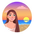 Positive young girl standing on the sandy shore against the background of the ocean sunset time